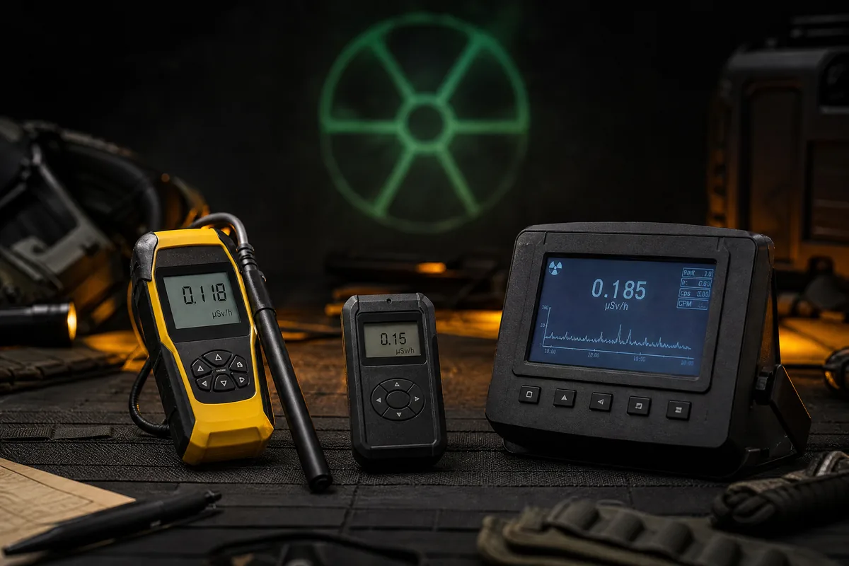 Three Geiger counters and radiation detectors on a dark tactical workbench — yellow GQ GMC-800, compact pocket dosimeter, and desktop radiation monitor with LCD display