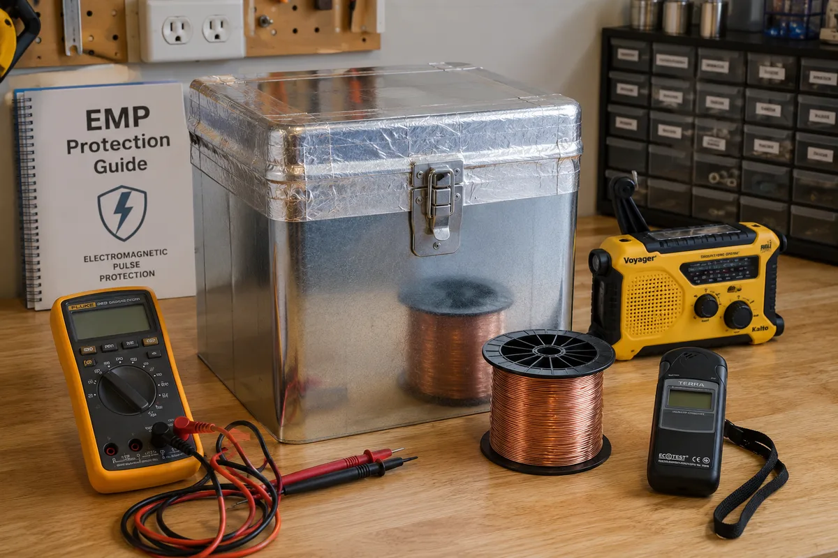 A galvanized steel Faraday cage, emergency crank radio, Geiger counter, and a multimeter on a workbench
