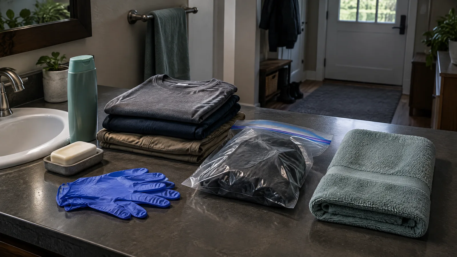 Clean clothing, sealed bag, soap, and towel prepared inside a home for radiation decontamination