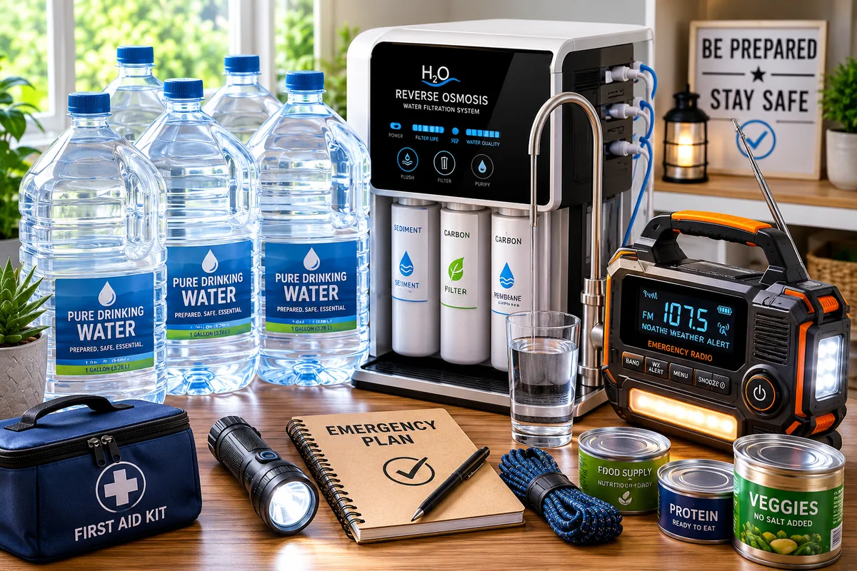 Emergency preparedness setup showing sealed water gallons, a reverse osmosis filtration system, and emergency radio