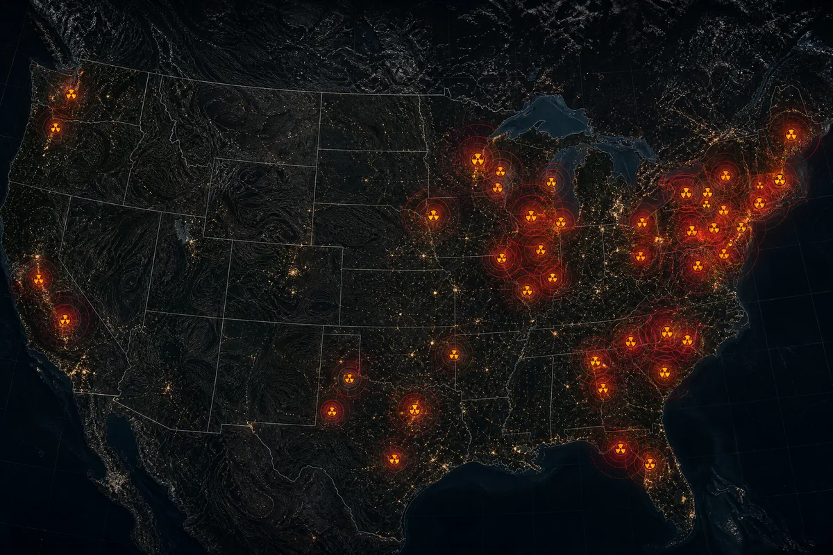 Dark aerial map of the United States showing nuclear power plant locations with glowing amber radiation symbols and red concentric evacuation zone rings
