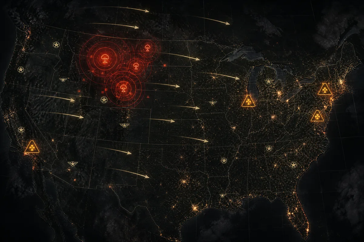 Topographic map of the United States with nuclear target zones marked in red, showing ICBM silo fields, military bases, and major city targets