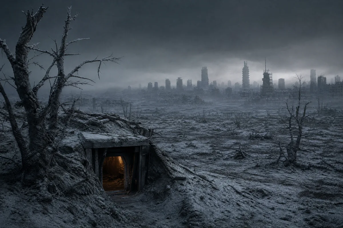 Post-apocalyptic nuclear winter landscape: frozen wasteland with dead trees, ash-grey sky, ruined city in the distance, and a survival shelter entrance glowing with warm amber light