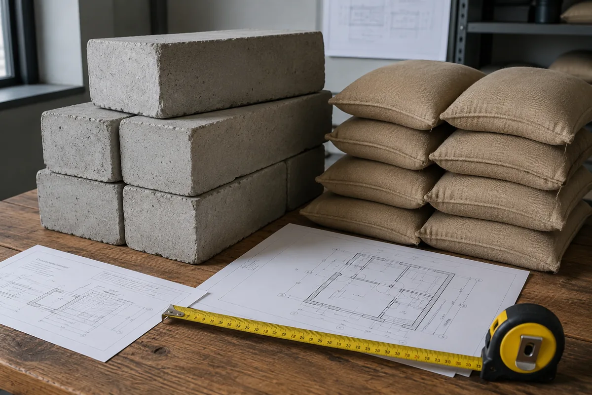 Concrete blocks, sandbags, and architectural blueprints representing structural radiation shielding materials